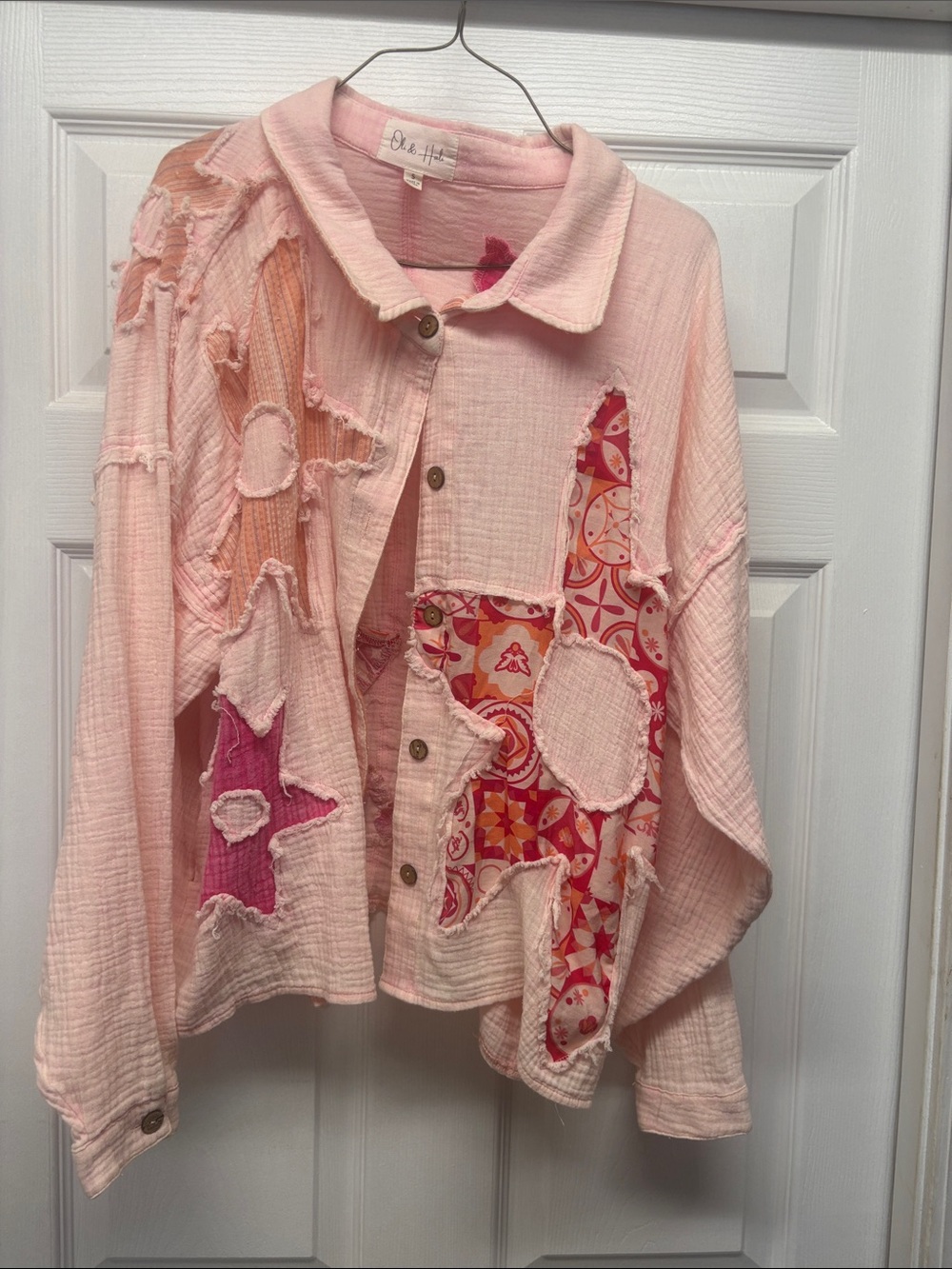 Oli & Hali Pink Floral Patchwork Button-Front Gauze Button Top Small